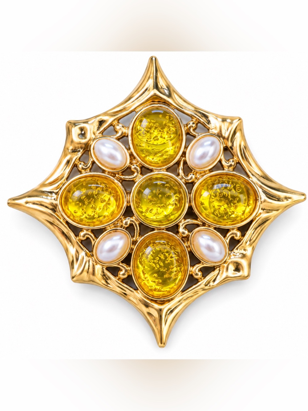 New Gold Tone Faux Amber & Pearl Inspired Openwork Statement Brooch
